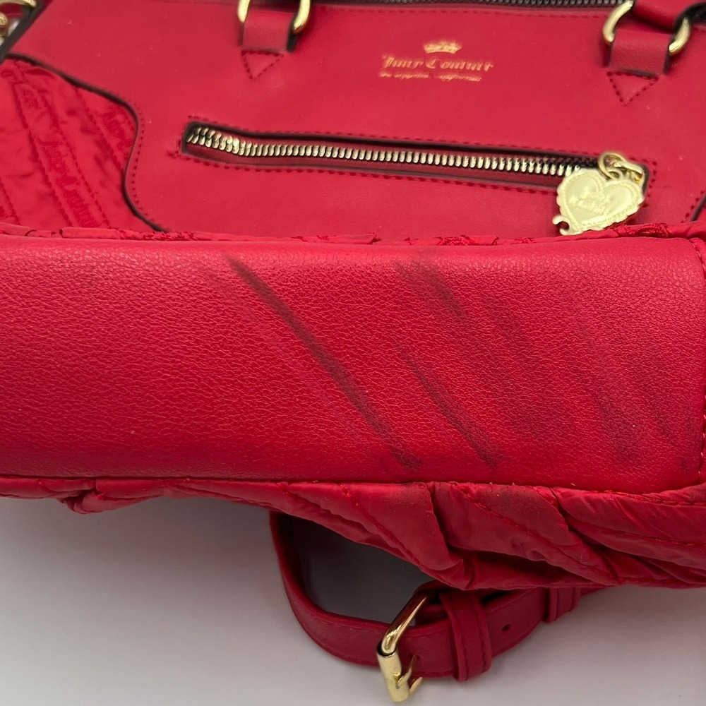Juicy Couture Satchel Bag Women Large Red Good Quilted Nylon Crossbody Key Charm - Picture 5 of 11